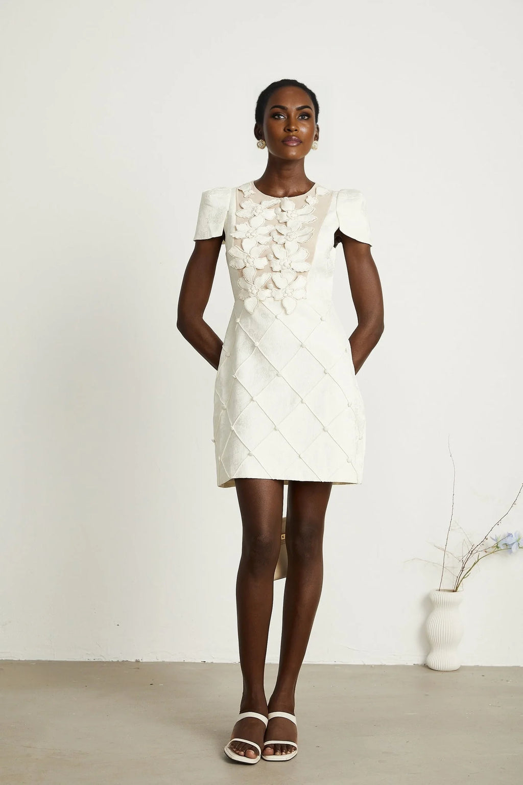 Brooklynn Mini Dress - 3D Petal Detailing - Fitted Waist - Fabric - Covered Buttons - Tulle Panelling - Rear Zip Fastening