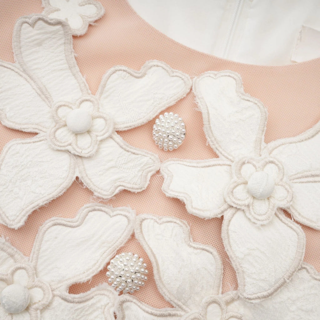 Brooklynn Mini Dress - 3D Petal Detailing - Fitted Waist - Fabric - Covered Buttons - Tulle Panelling - Rear Zip Fastening