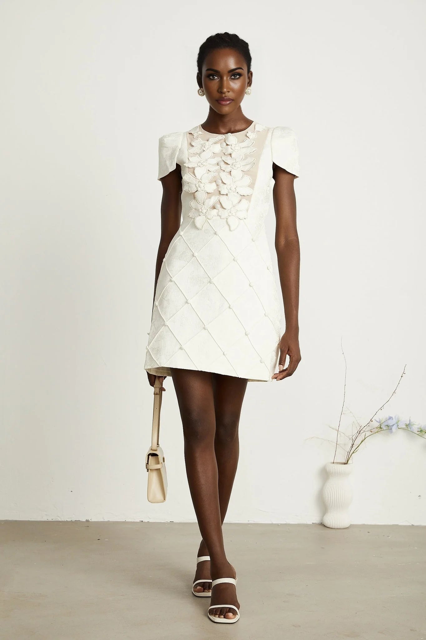 Brooklynn Mini Dress - 3D Petal Detailing - Fitted Waist - Fabric - Covered Buttons - Tulle Panelling - Rear Zip Fastening