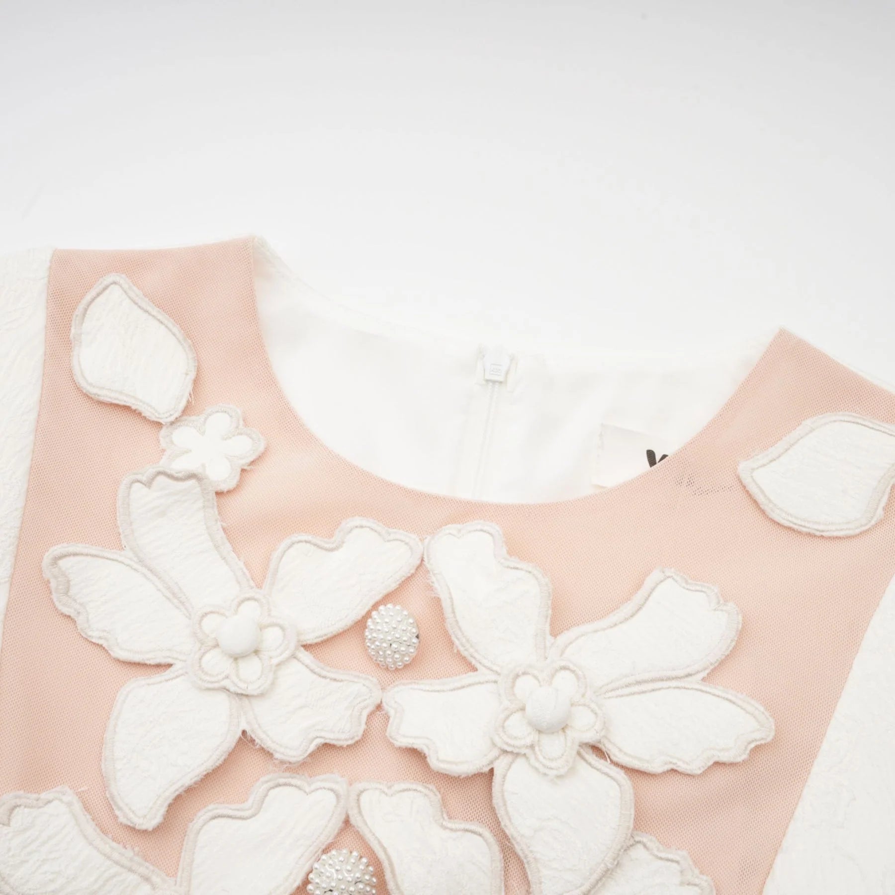 Brooklynn Mini Dress - 3D Petal Detailing - Fitted Waist - Fabric - Covered Buttons - Tulle Panelling - Rear Zip Fastening