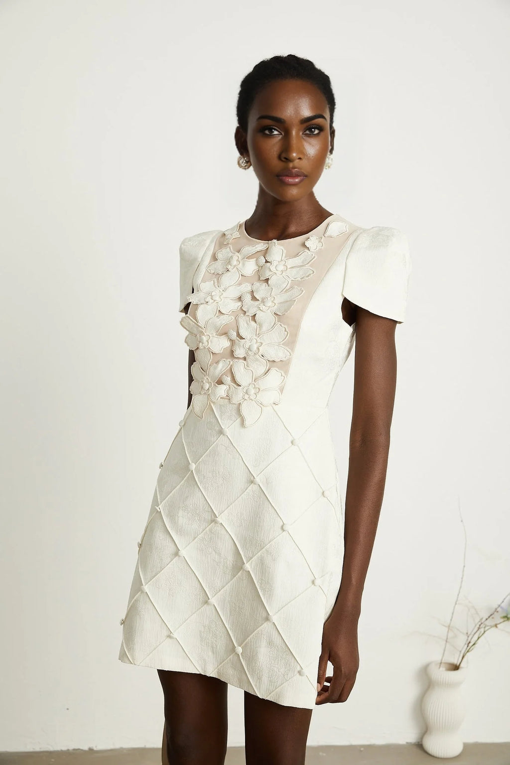 Brooklynn Mini Dress - 3D Petal Detailing - Fitted Waist - Fabric - Covered Buttons - Tulle Panelling - Rear Zip Fastening