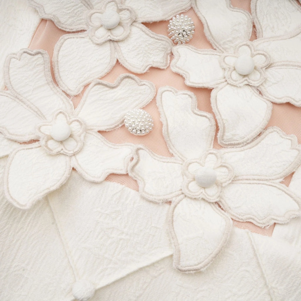 Brooklynn Mini Dress - 3D Petal Detailing - Fitted Waist - Fabric - Covered Buttons - Tulle Panelling - Rear Zip Fastening