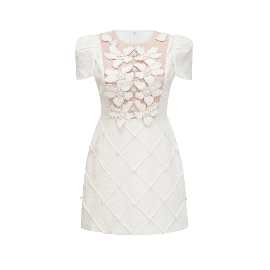 Brooklynn Mini Dress - 3D Petal Detailing - Fitted Waist - Fabric - Covered Buttons - Tulle Panelling - Rear Zip Fastening