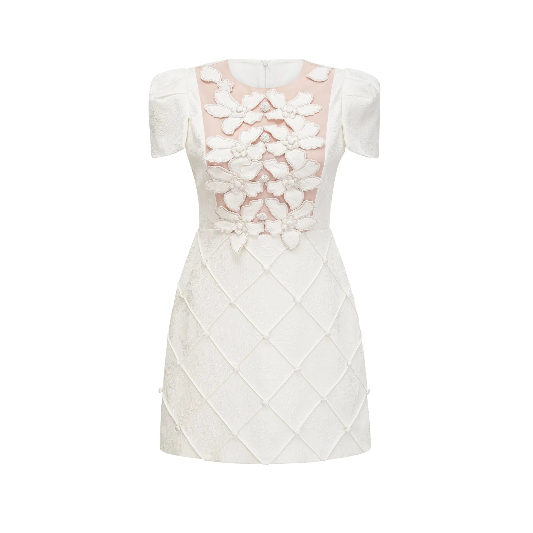 Brooklynn Mini Dress - 3D Petal Detailing - Fitted Waist - Fabric - Covered Buttons - Tulle Panelling - Rear Zip Fastening
