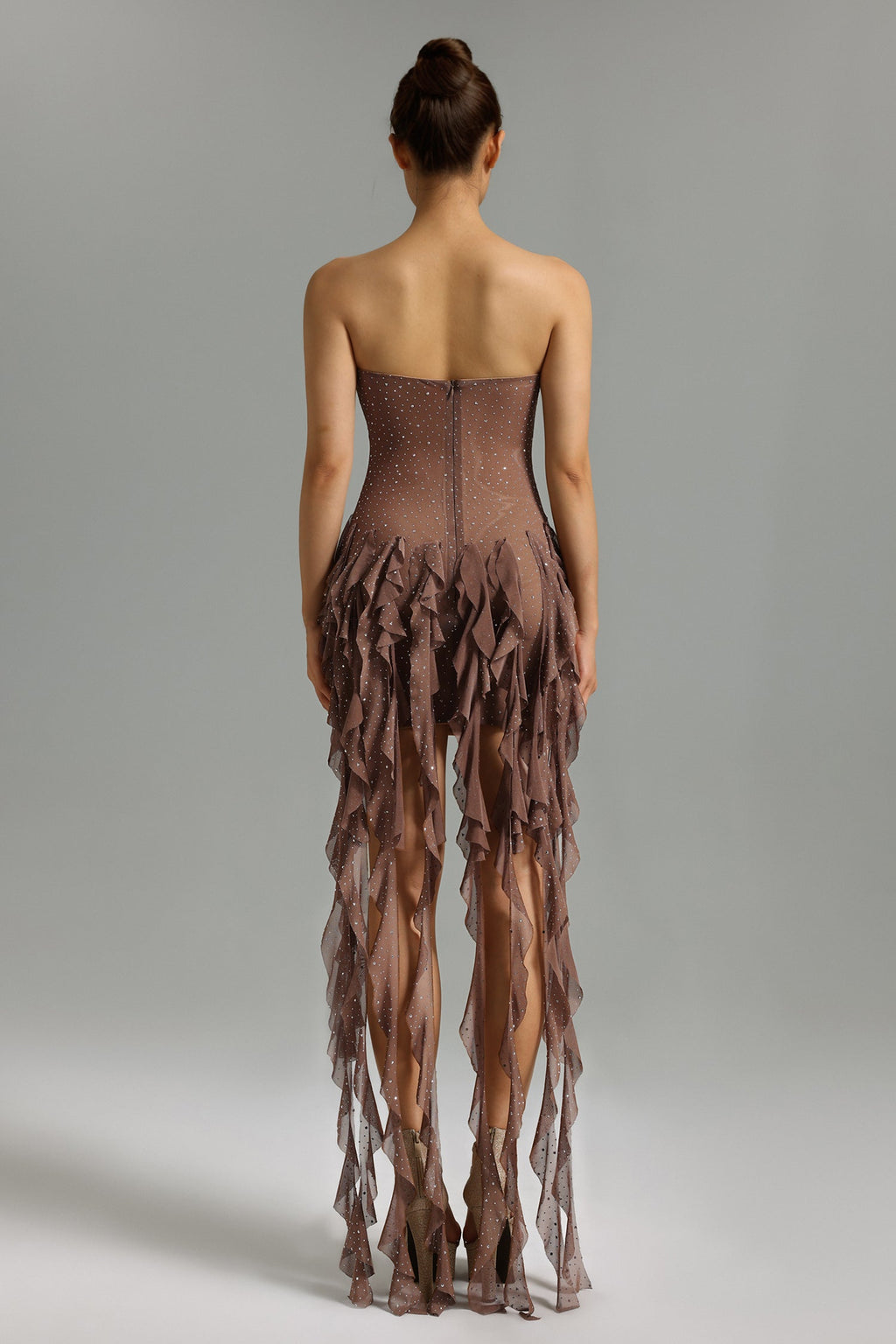 Brown Kylli Rhinestones Ruffled Mesh Mini Dress