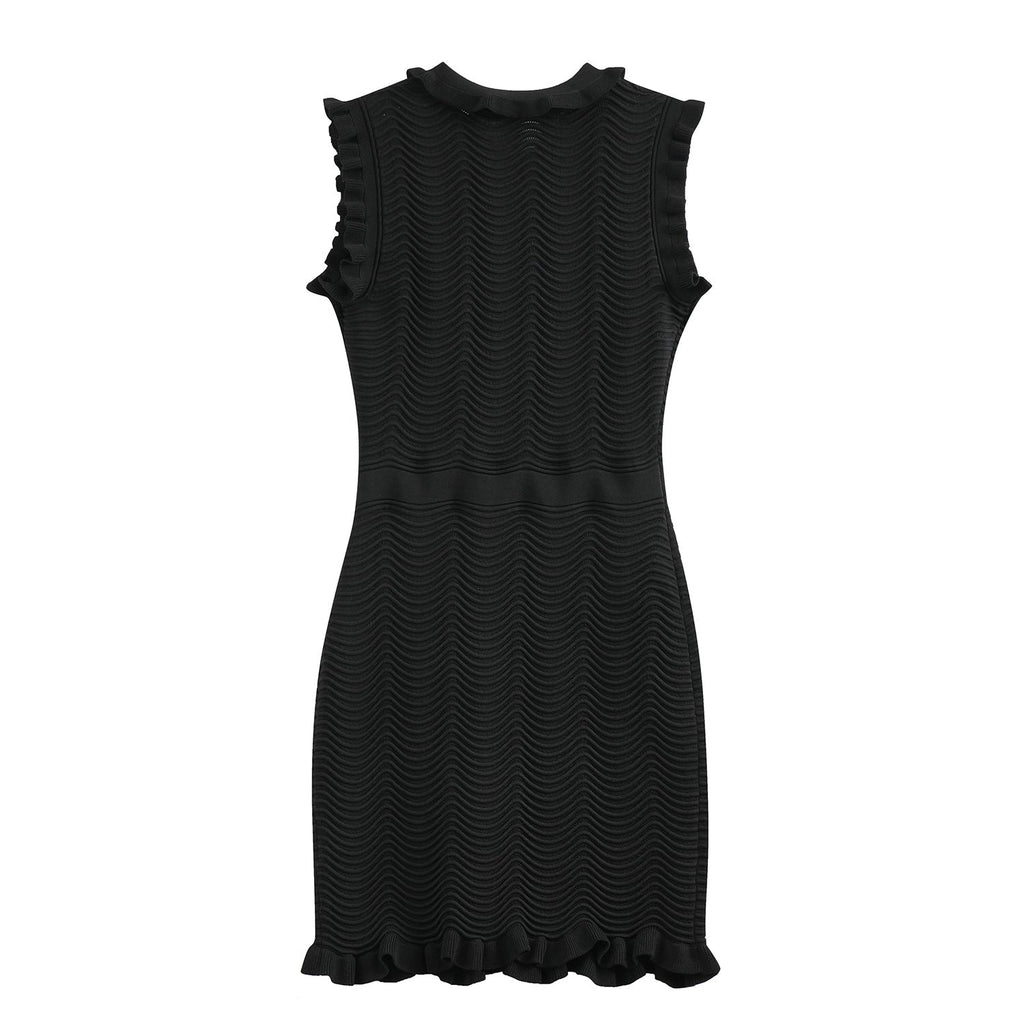 Bruna Dress - Bodycon Silhouette - Textured Wave Pattern - Ruffled Collar and Sleeves - Tailored Fit - Suitable for Dressy Occasions