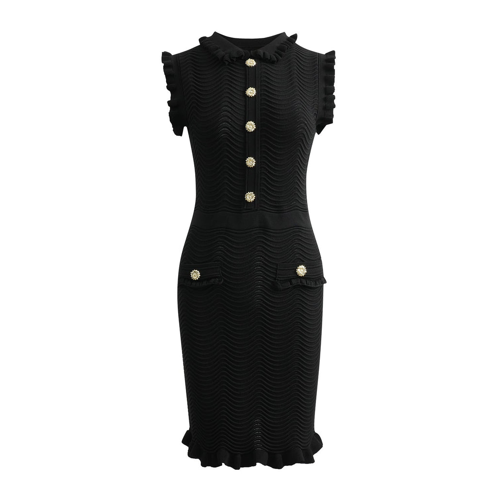 Bruna Dress - Bodycon Silhouette - Textured Wave Pattern - Ruffled Collar and Sleeves - Tailored Fit - Suitable for Dressy Occasions