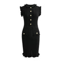 Bruna Dress - Bodycon Silhouette - Textured Wave Pattern - Ruffled Collar and Sleeves - Tailored Fit - Suitable for Dressy Occasions