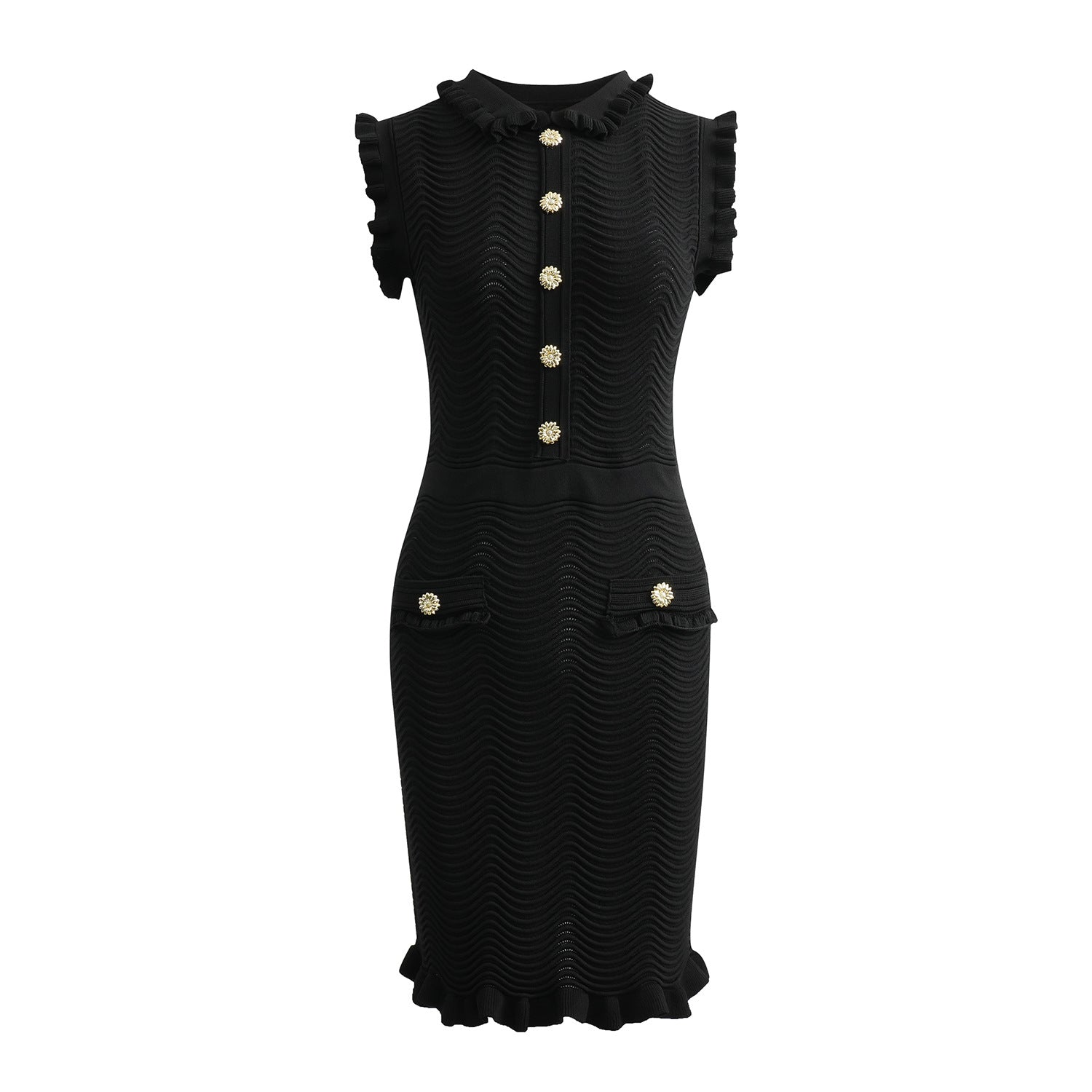 Bruna Dress - Bodycon Silhouette - Textured Wave Pattern - Ruffled Collar and Sleeves - Tailored Fit - Suitable for Dressy Occasions