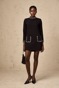 Bruna Long Sleeve Mini Dress - Mock Neck - Crystal Embellishment - Patch Pockets - Rear Zip Fastening