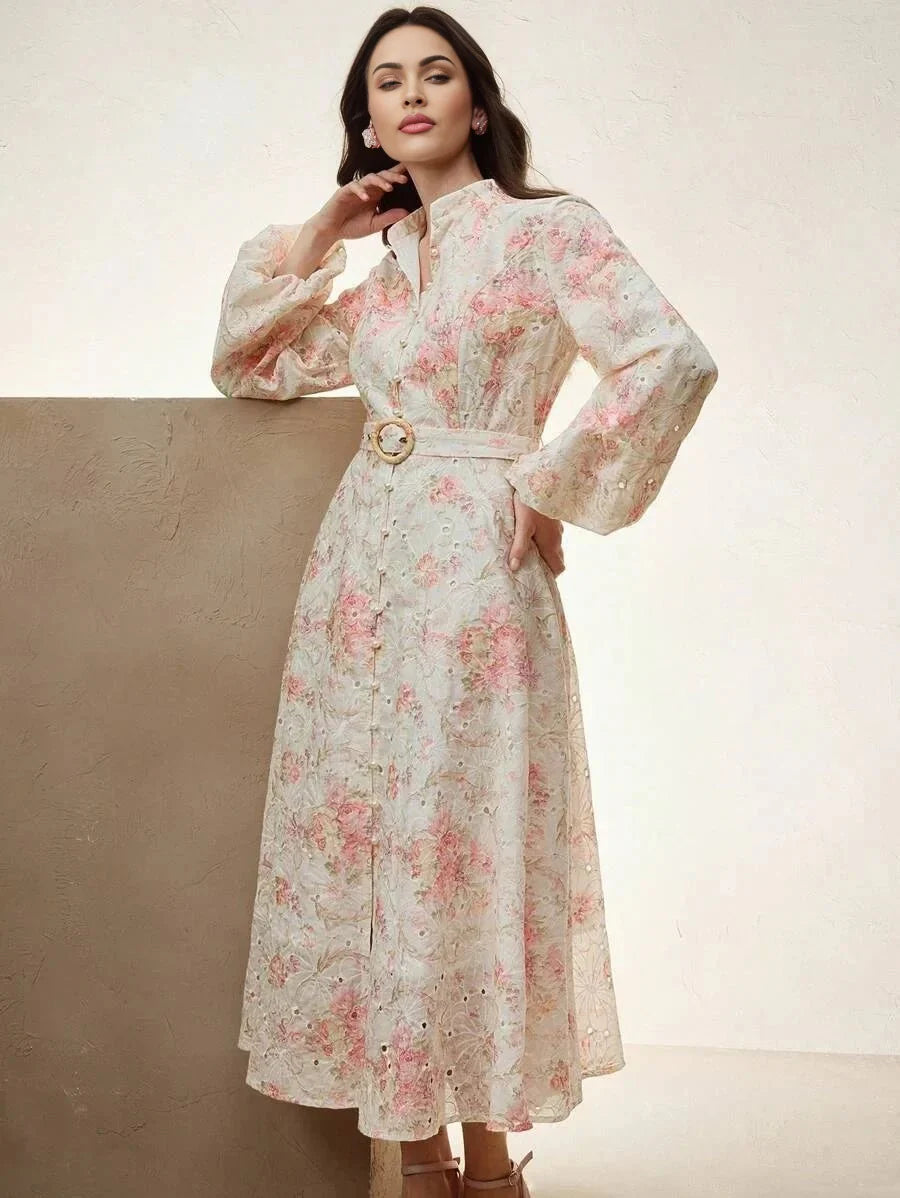 Bruna Midi Dress - Notched Neckline - Bishop Sleeve - High Waist - A Line - Floral Print