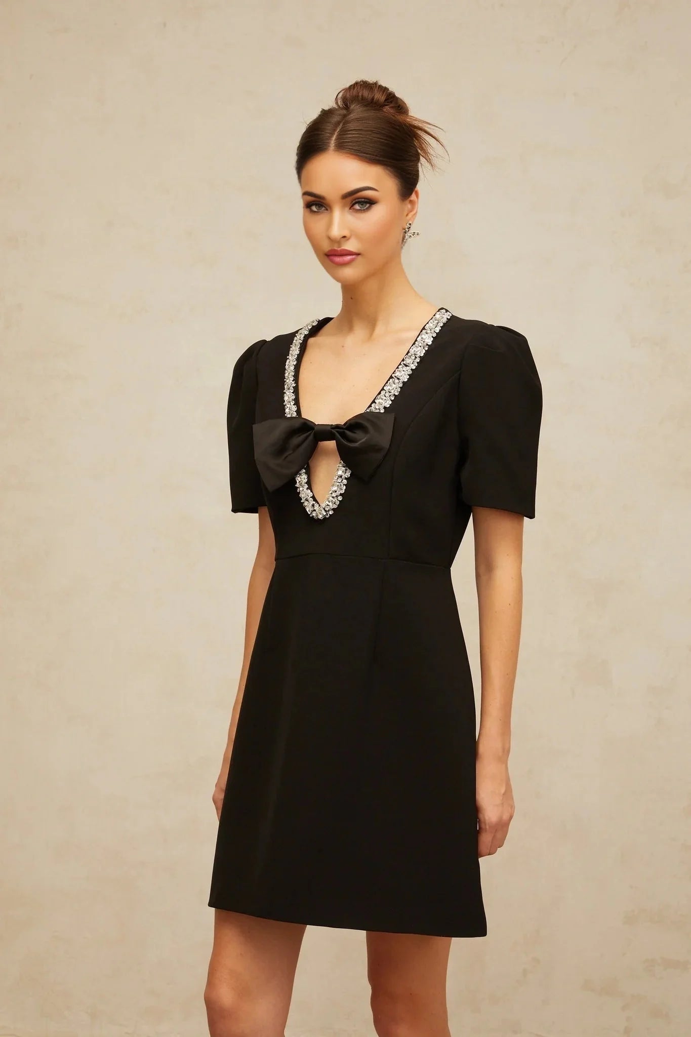 Bruna Mini Dress Black Crystal Bow Accents A - Line Thigh - Length Zip Fastening