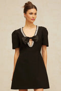 Bruna Mini Dress Black Crystal Bow Accents A - Line Thigh - Length Zip Fastening