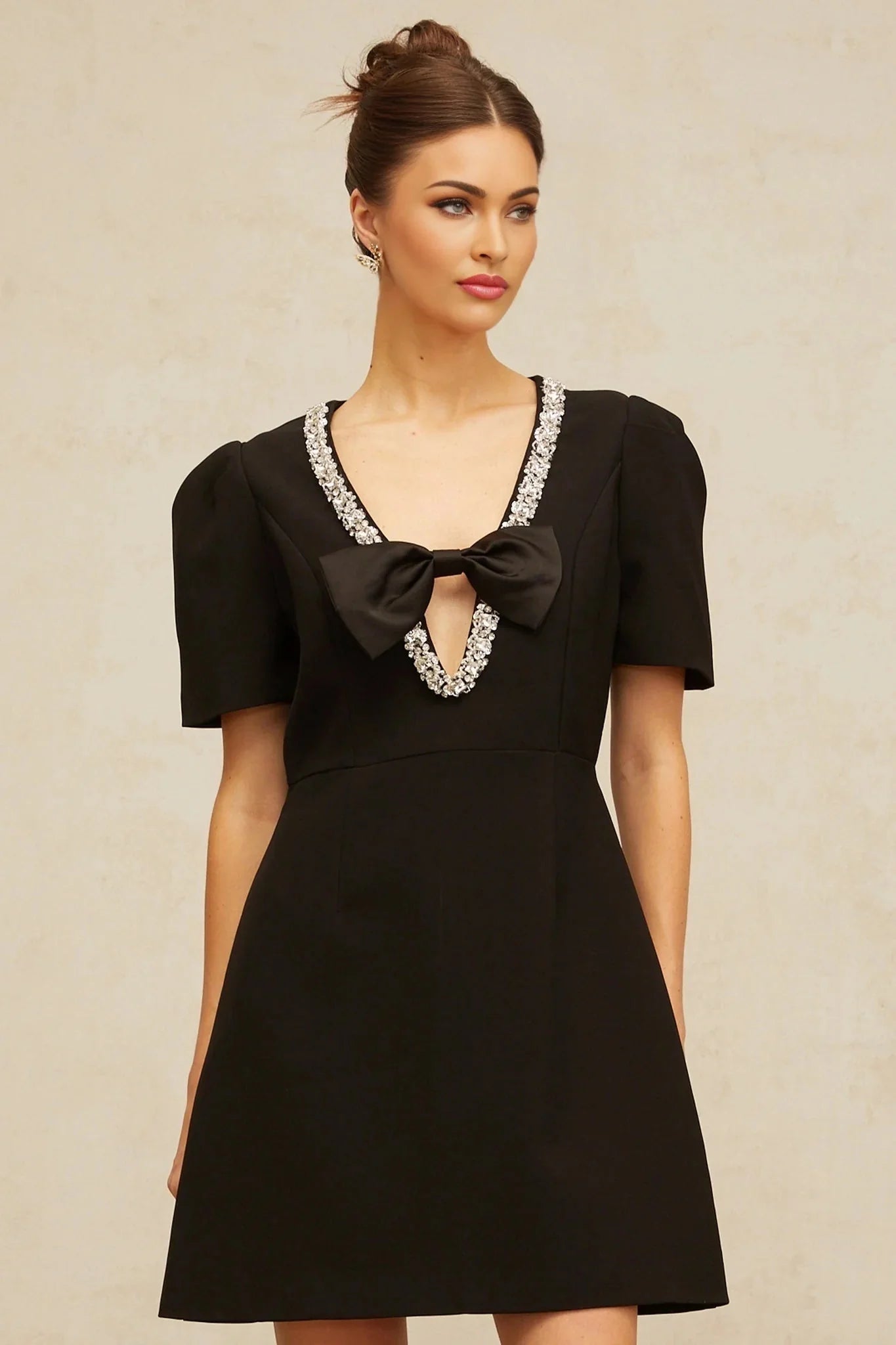Bruna Mini Dress Black Crystal Bow Accents A - Line Thigh - Length Zip Fastening