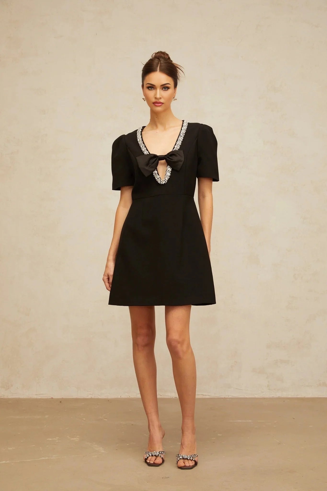 Bruna Mini Dress Black Crystal Bow Accents A - Line Thigh - Length Zip Fastening