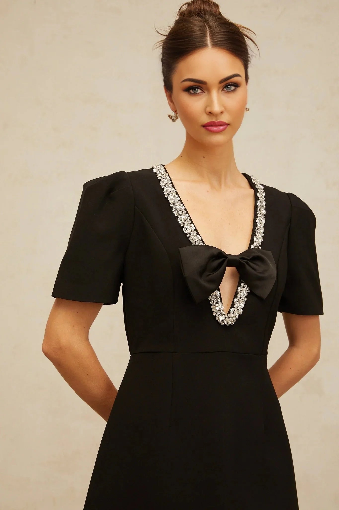 Bruna Mini Dress Black Crystal Bow Accents A - Line Thigh - Length Zip Fastening