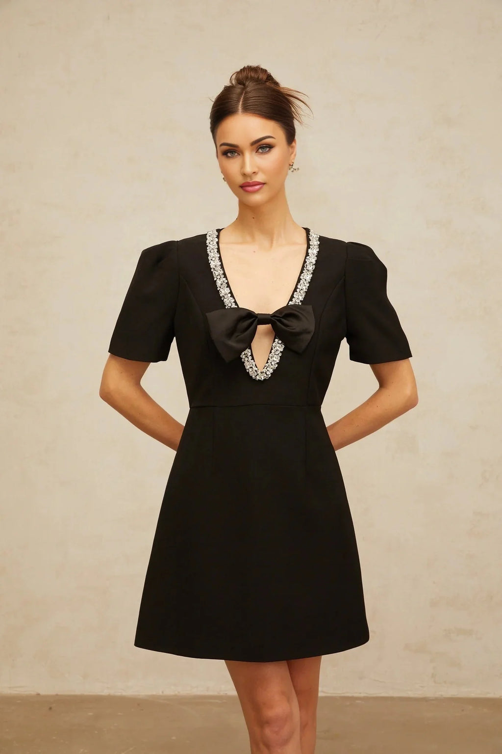 Bruna Mini Dress Black Crystal Bow Accents A - Line Thigh - Length Zip Fastening