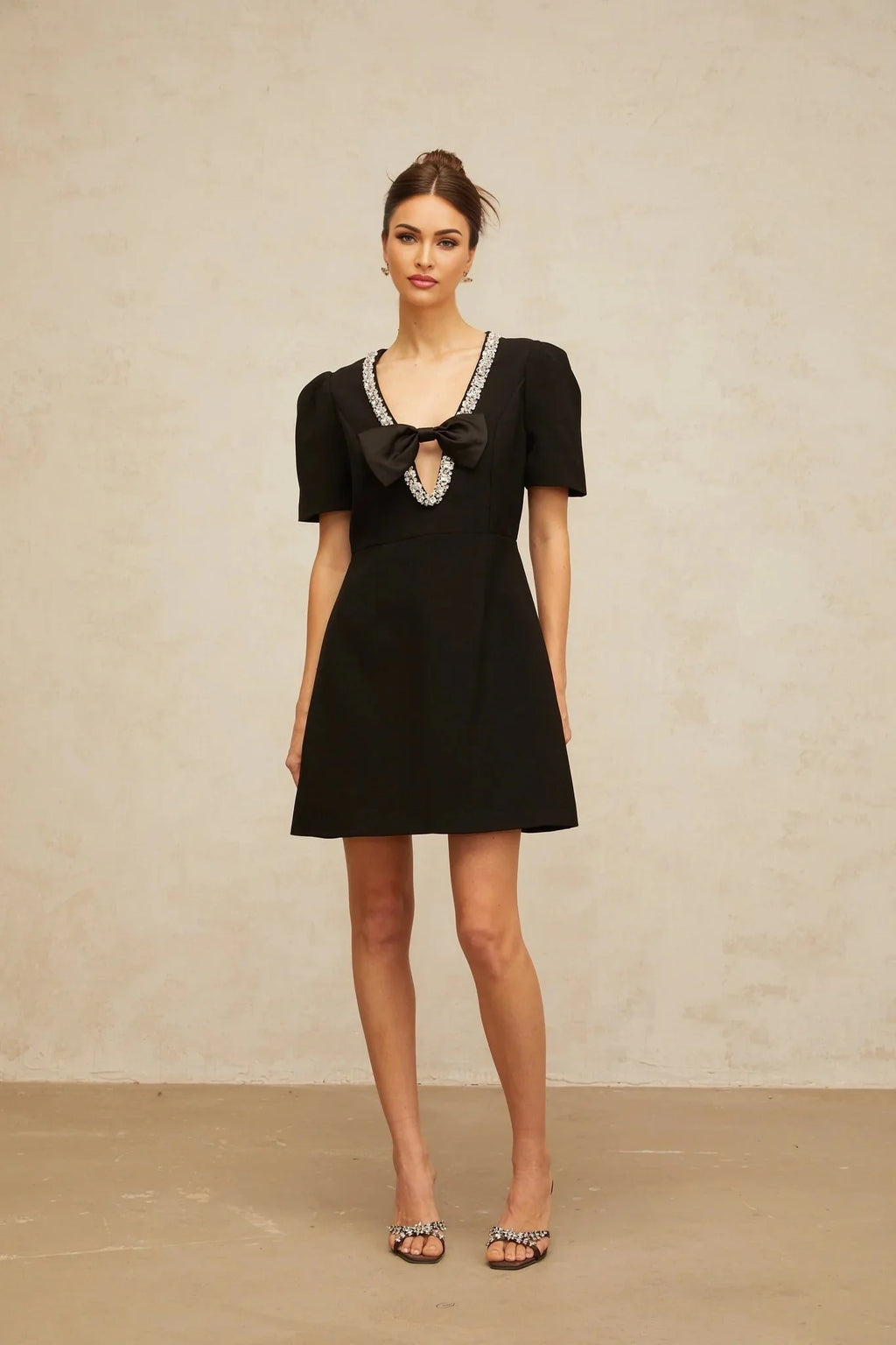 Bruna Mini Dress Black Crystal Bow Accents A - Line Thigh - Length Zip Fastening