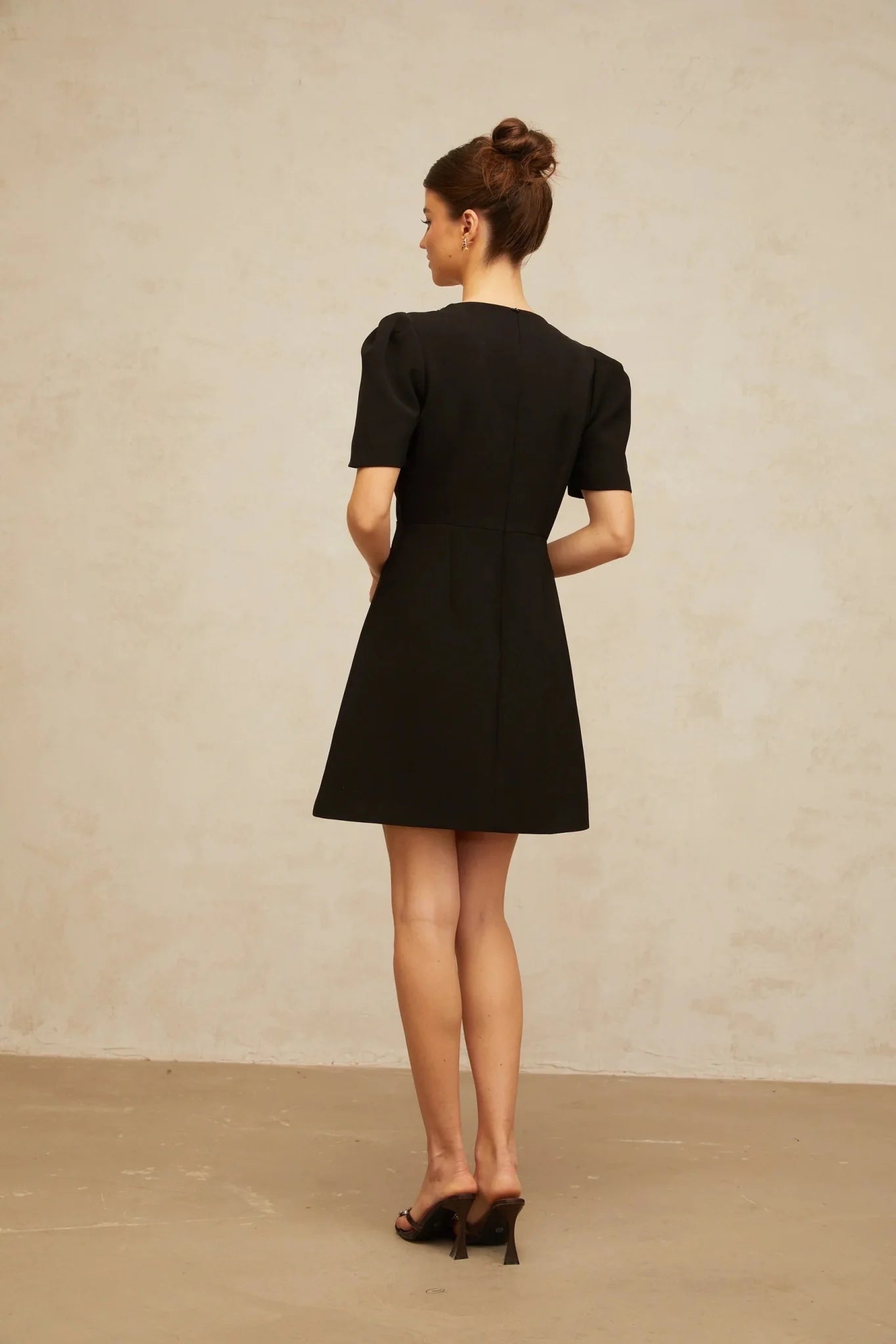 Bruna Mini Dress Black Crystal Bow Accents A - Line Thigh - Length Zip Fastening