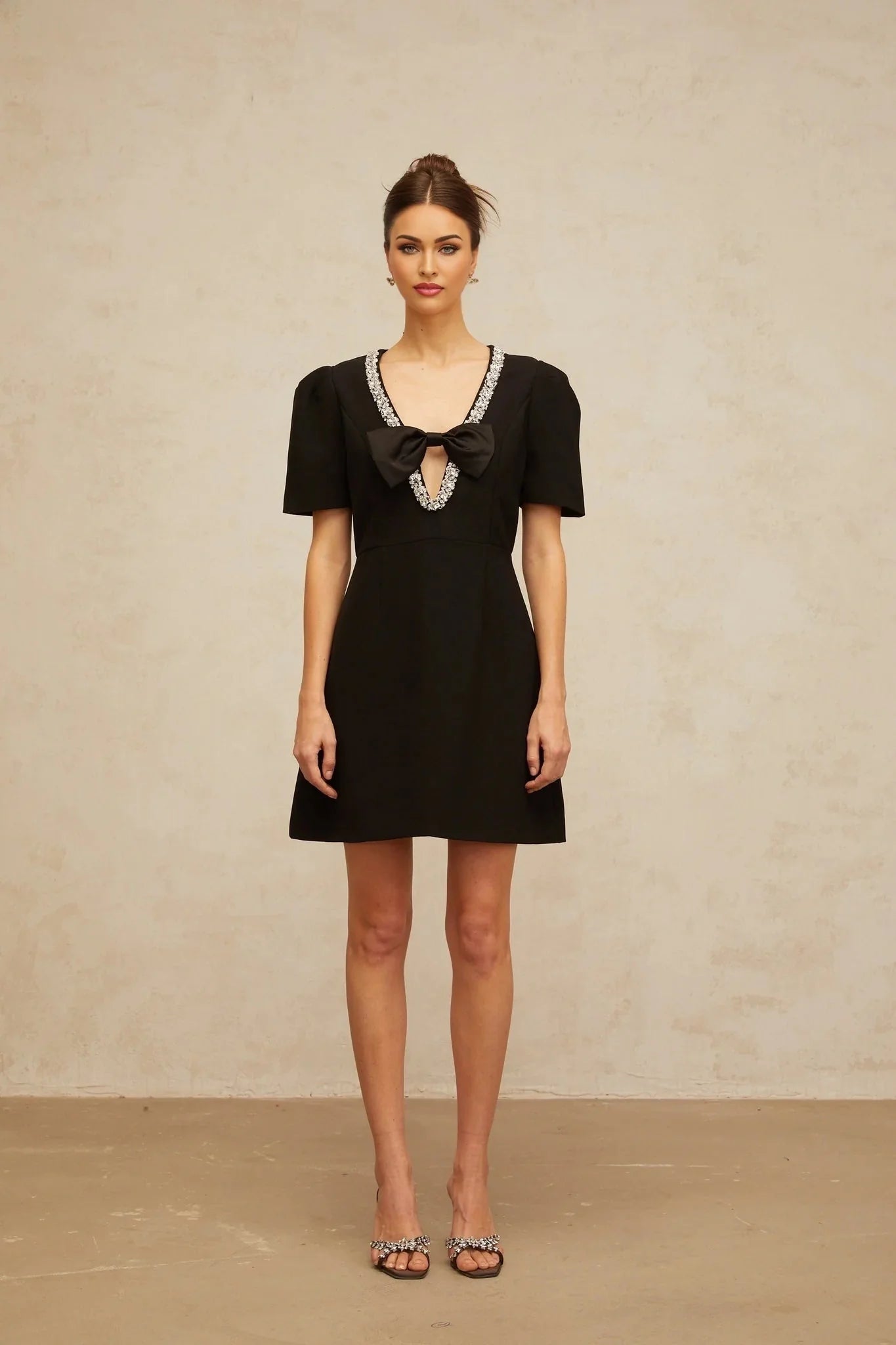 Bruna Mini Dress Black Crystal Bow Accents A - Line Thigh - Length Zip Fastening