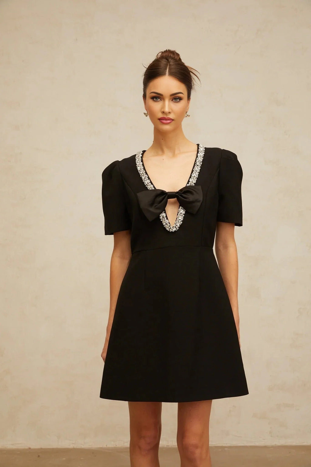 Bruna Mini Dress Black Crystal Bow Accents A - Line Thigh - Length Zip Fastening
