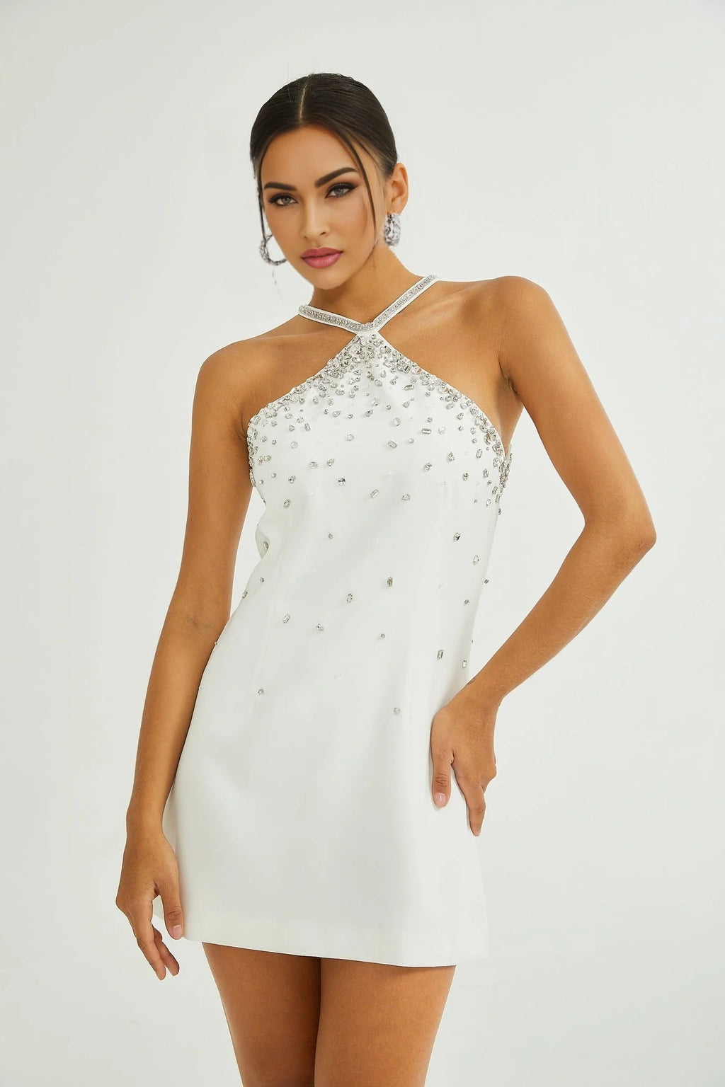 Bruna Mini Dress - Choker Design - Sleeveless - Embellished - Rear Zip Fastening