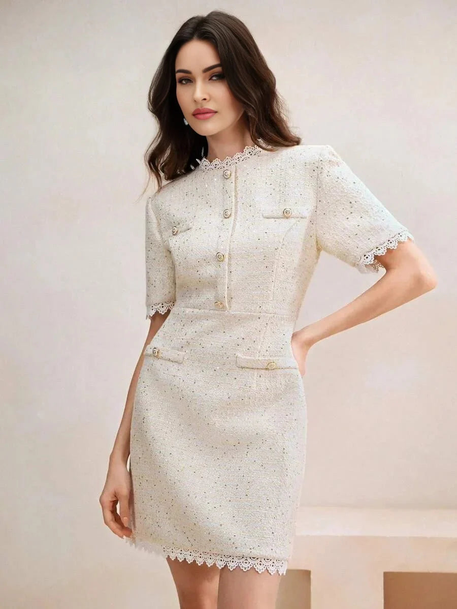 This elegant cream dress features a tailored fit with short sleeves and a delicate lace trim around the collar and hem..
