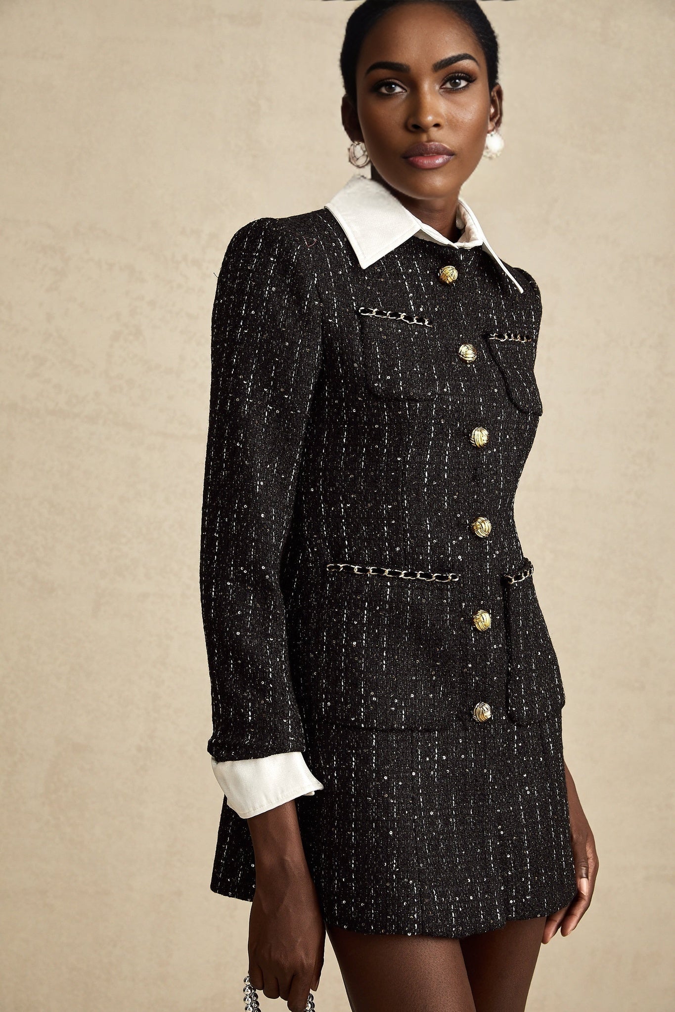 Bruna Sequin Mini Dress - Peak Lapels - Long Sleeves - Patch Pockets - Single Breasted Buttons