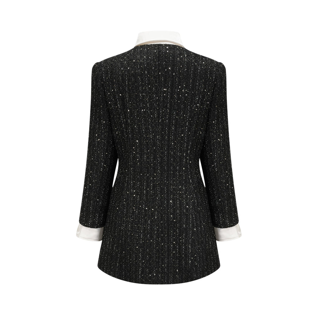 Bruna Sequin Mini Dress - Peak Lapels - Long Sleeves - Patch Pockets - Single Breasted Buttons