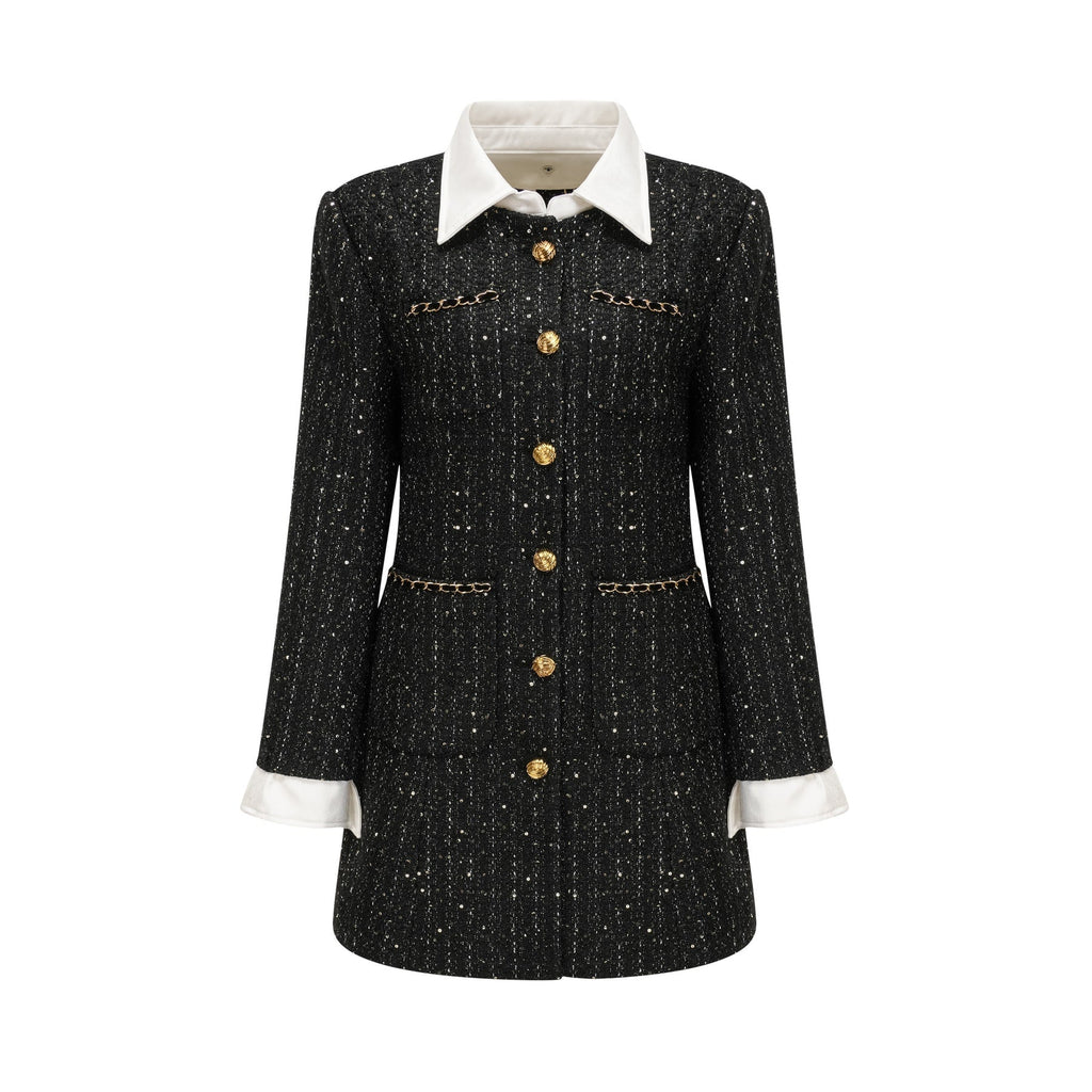 Bruna Sequin Mini Dress - Peak Lapels - Long Sleeves - Patch Pockets - Single Breasted Buttons
