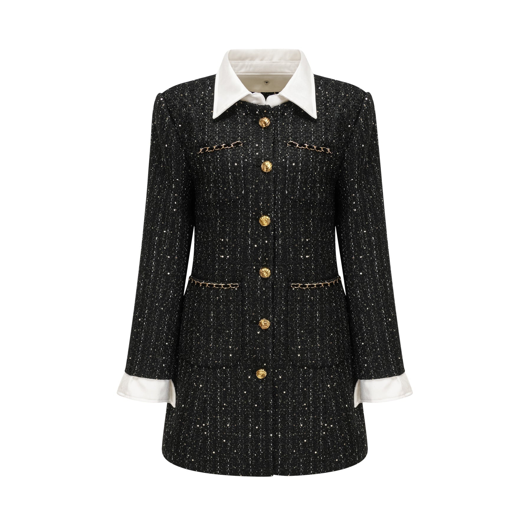 Bruna Sequin Mini Dress - Peak Lapels - Long Sleeves - Patch Pockets - Single Breasted Buttons