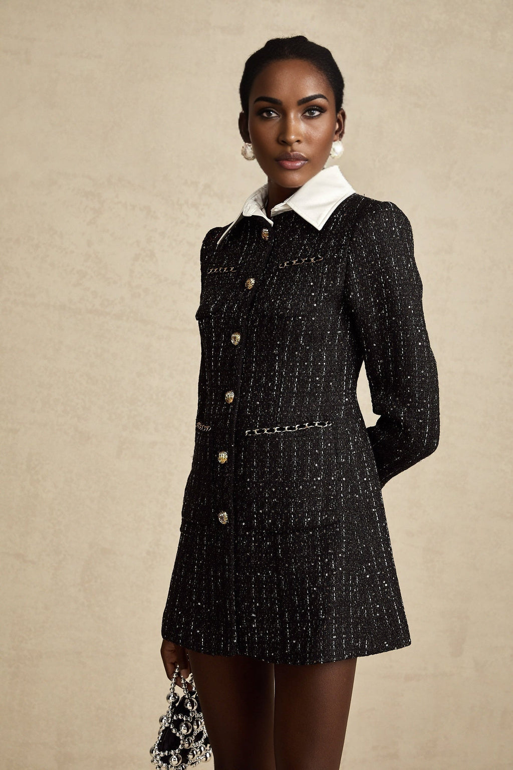Bruna Sequin Mini Dress - Peak Lapels - Long Sleeves - Patch Pockets - Single Breasted Buttons