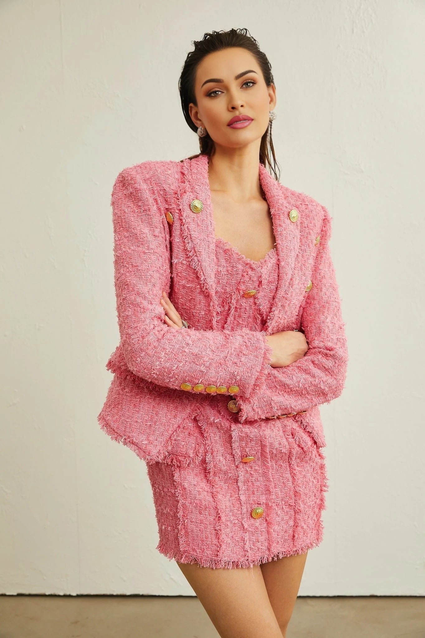 Bruna Tweed Jacket – Open Front – Metallic Thread – Frayed Edges – Gold Buttons