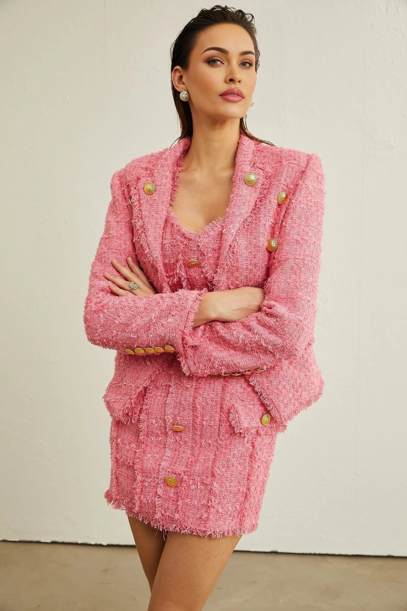 Bruna Tweed Jacket – Open Front – Metallic Thread – Frayed Edges – Gold Buttons