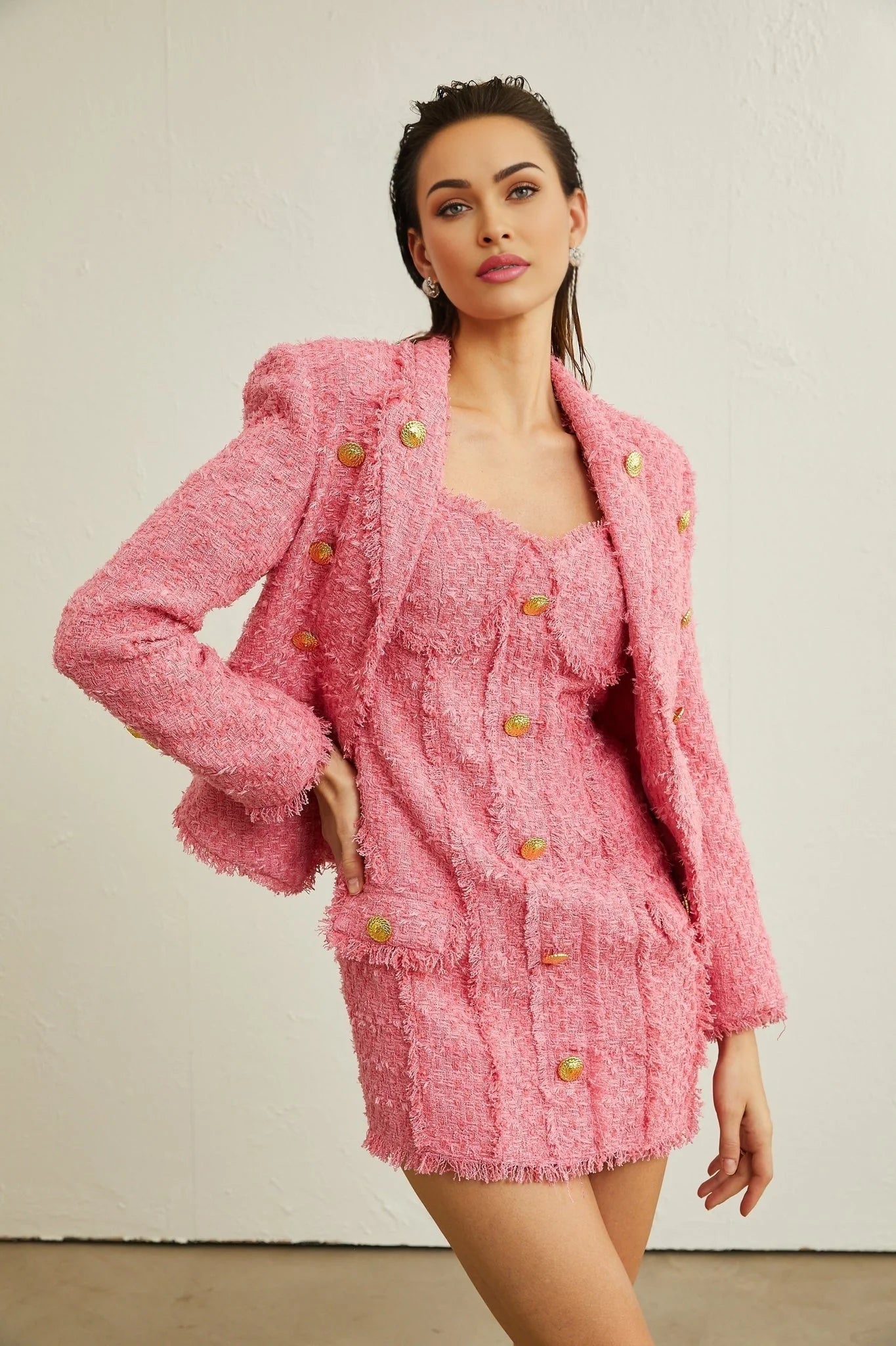 Bruna Tweed Jacket – Open Front – Metallic Thread – Frayed Edges – Gold Buttons