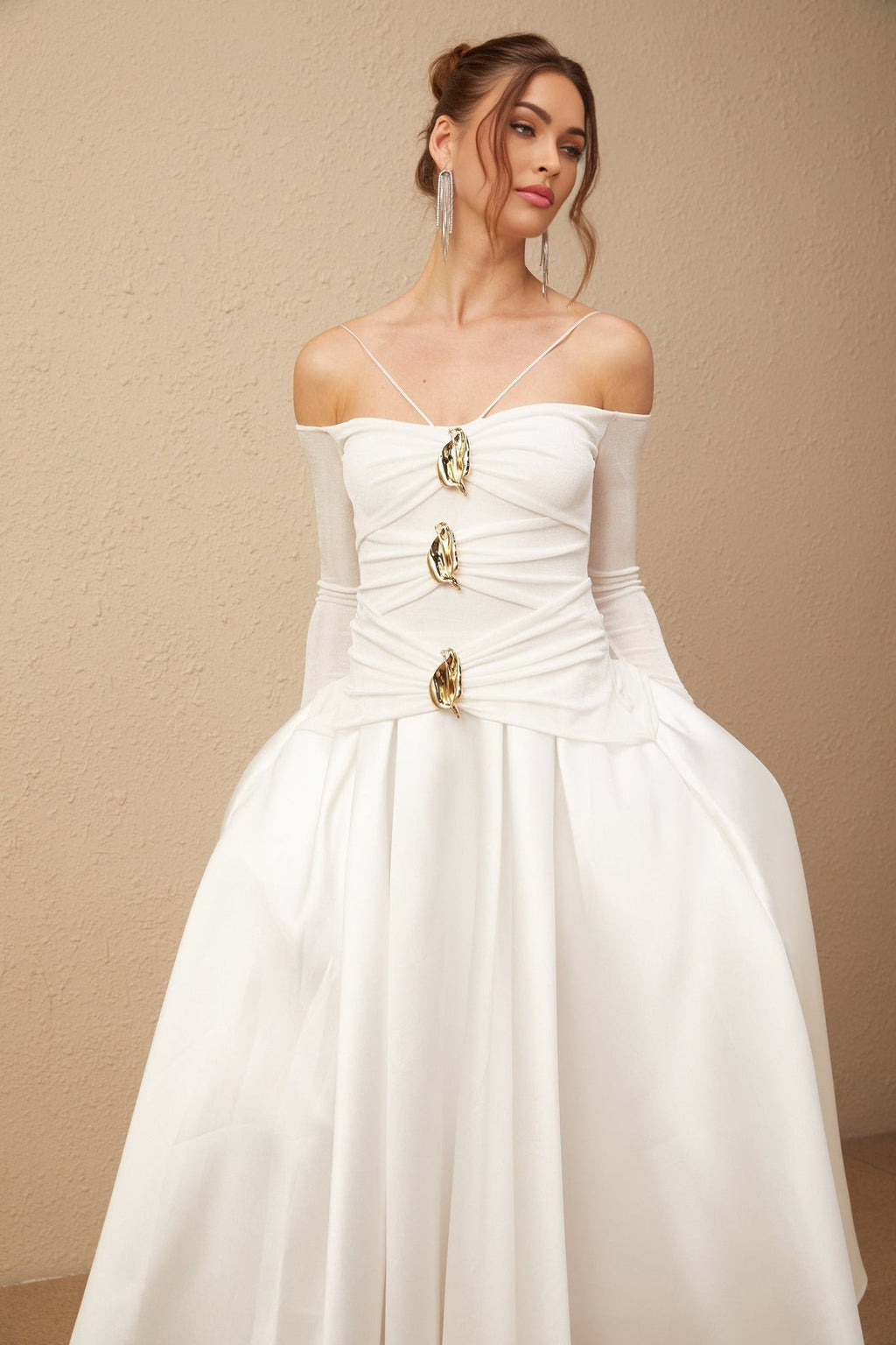 Brynn Maxi Dress - Off the Shoulder - Long Sleeves - Spaghetti Straps - Pleated Detailing - Gold - Tone Hardware