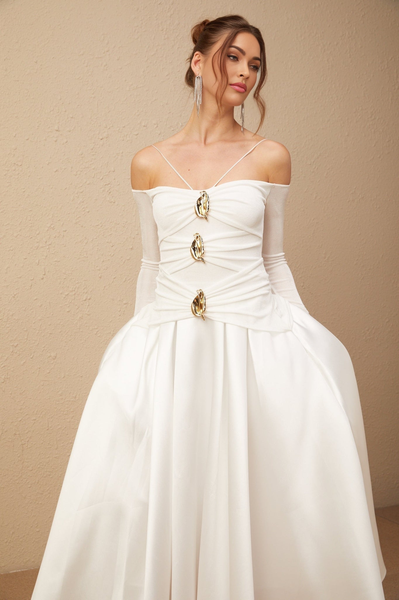 Brynn Maxi Dress - Off the Shoulder - Long Sleeves - Spaghetti Straps - Pleated Detailing - Gold - Tone Hardware