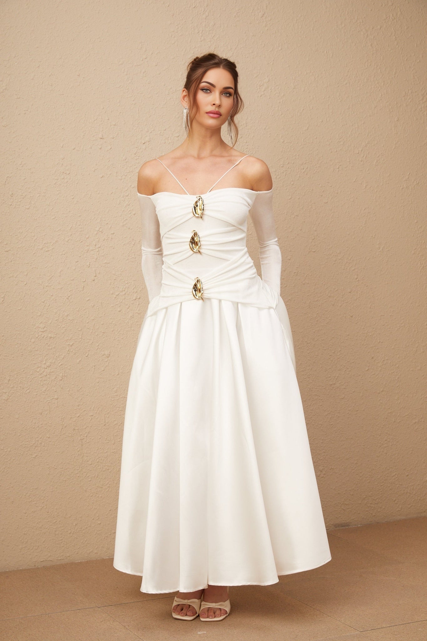 Brynn Maxi Dress - Off the Shoulder - Long Sleeves - Spaghetti Straps - Pleated Detailing - Gold - Tone Hardware