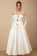 Brynn Maxi Dress - Off the Shoulder - Long Sleeves - Spaghetti Straps - Pleated Detailing - Gold - Tone Hardware