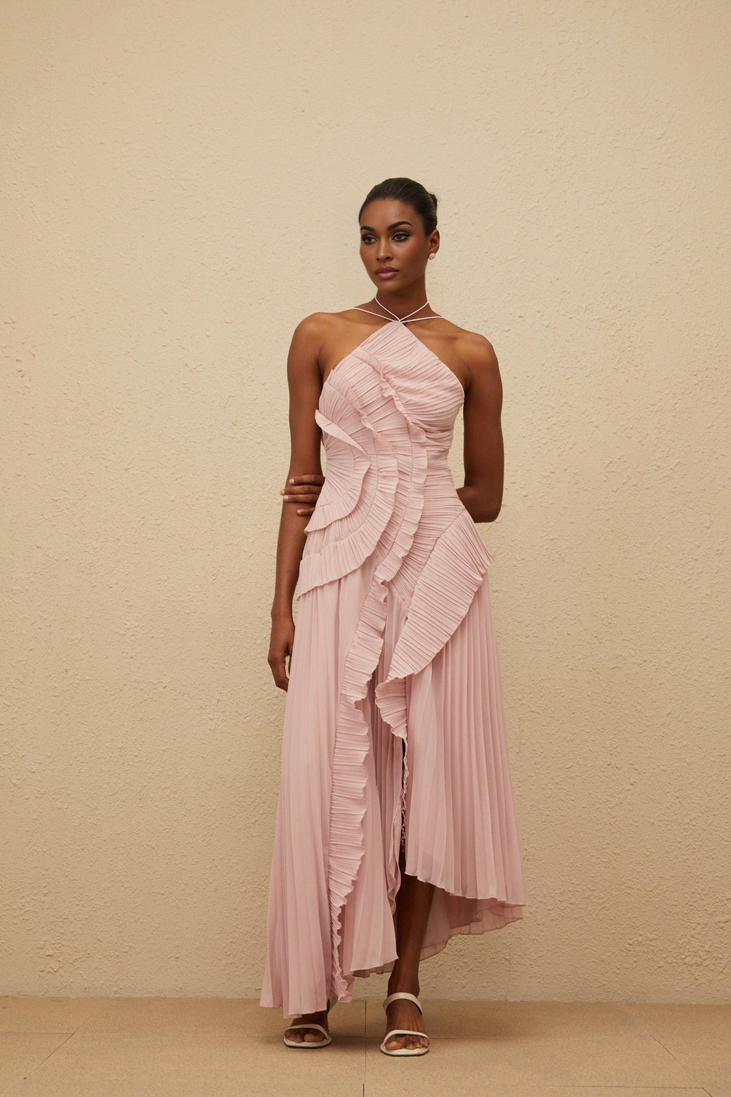 Brynn Midi Dress - Halterneck - Sleeveless - Fully - Pleated - Ruffled Trim - Asymmetrical Design
