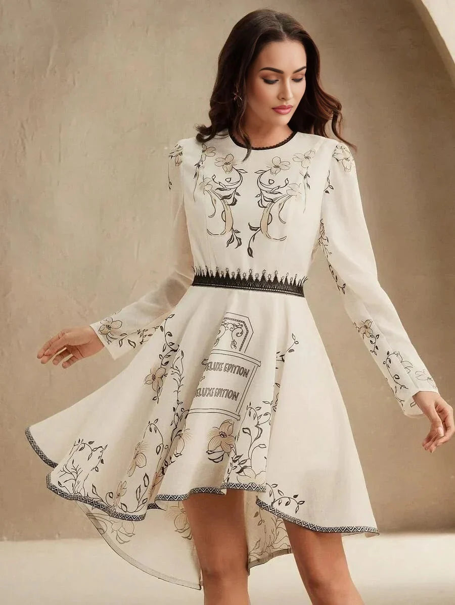 Embrace elegance with this cream long-sleeve dress adorned with delicate floral embroidery, highlighting a fitted bodice.