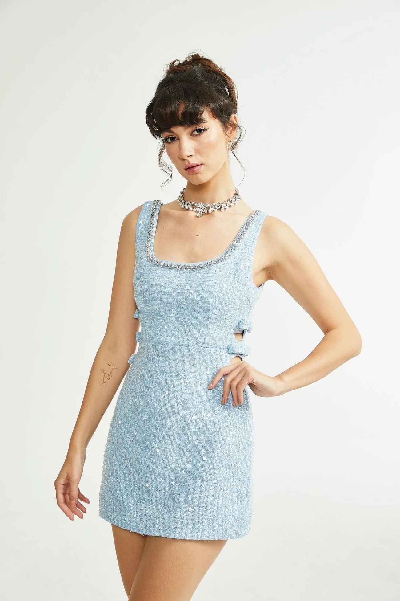 Brynn Mini Dress - Sleeveless with Sequin Detailing - Cut - Out Design - Crystal Embellishments - Bow Accent