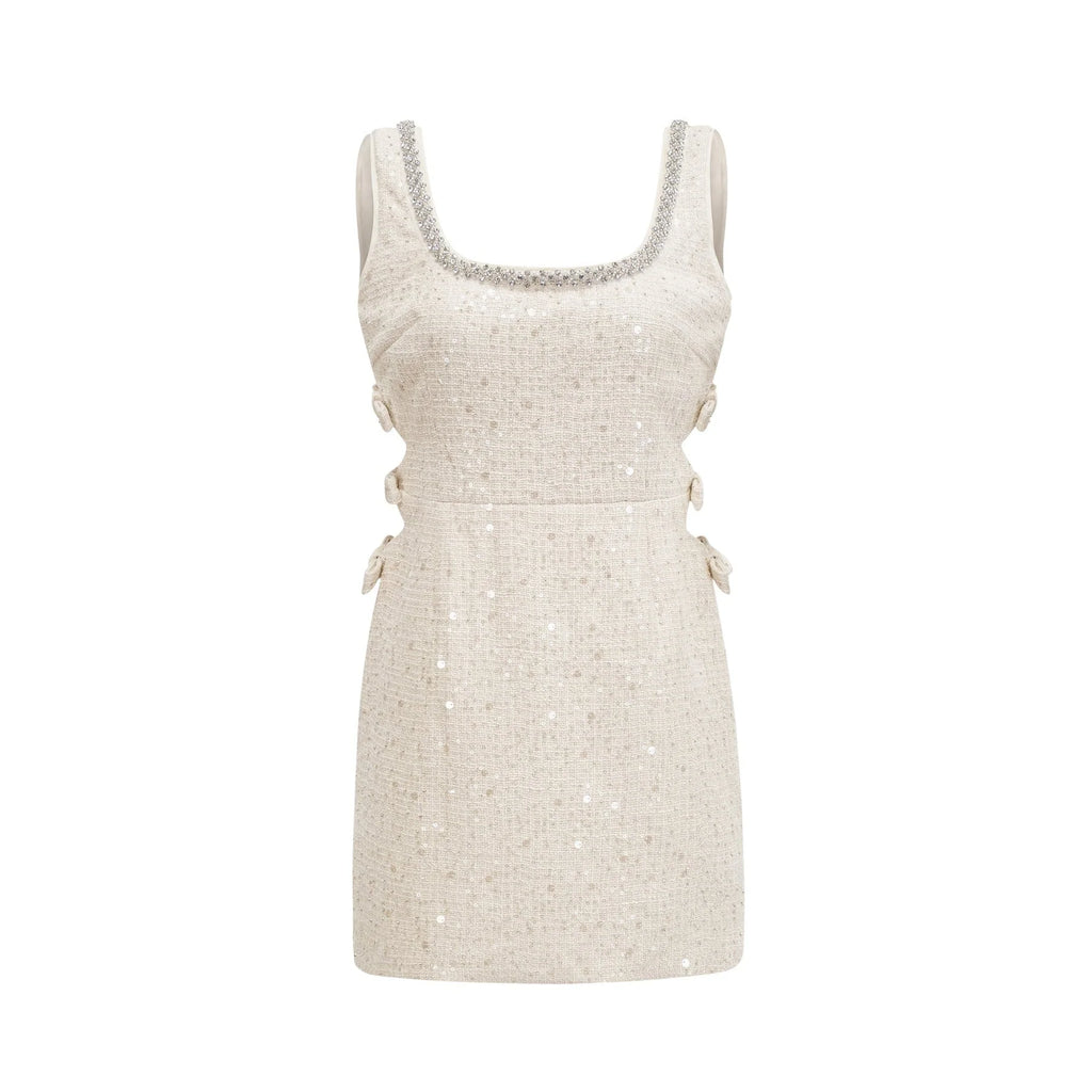 Brynn Mini Dress - Sleeveless with Sequin Detailing - Cut - Out Design - Crystal Embellishments - Bow Accent