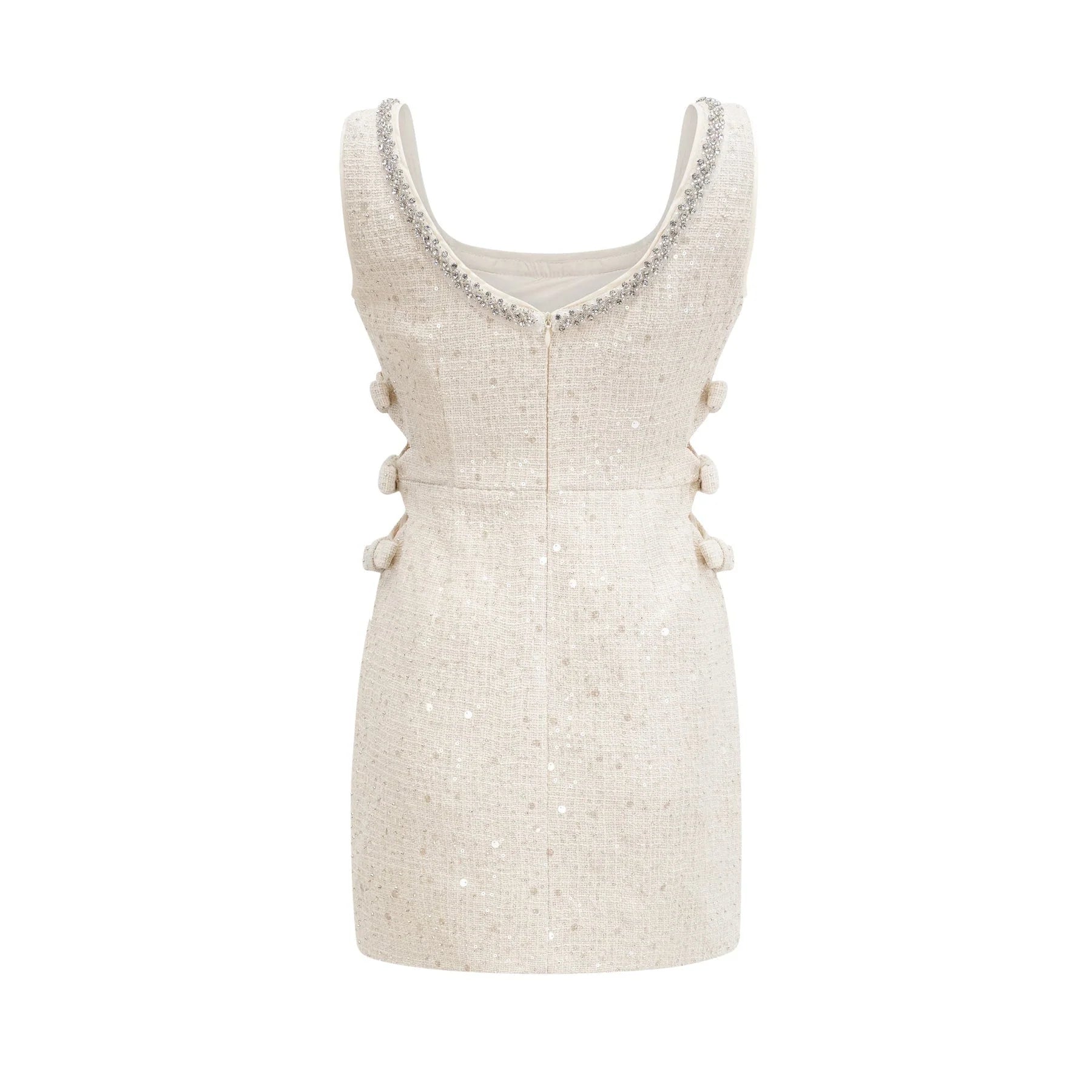 Brynn Mini Dress - Sleeveless with Sequin Detailing - Cut - Out Design - Crystal Embellishments - Bow Accent