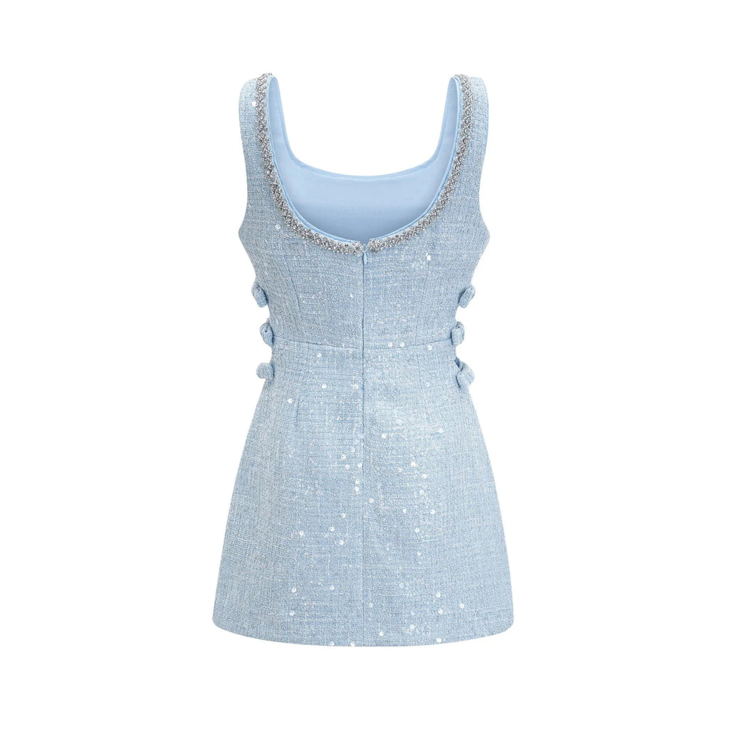 Brynn Mini Dress - Sleeveless with Sequin Detailing - Cut - Out Design - Crystal Embellishments - Bow Accent