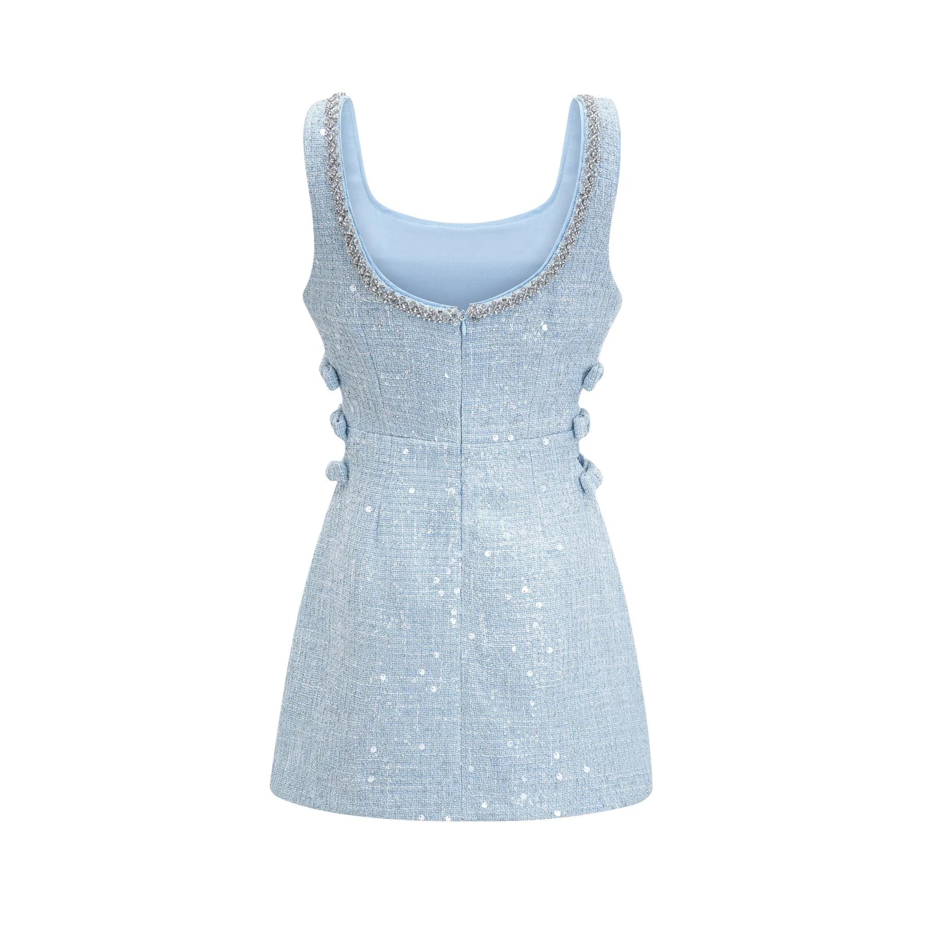 Brynn Mini Dress - Sleeveless with Sequin Detailing - Cut - Out Design - Crystal Embellishments - Bow Accent