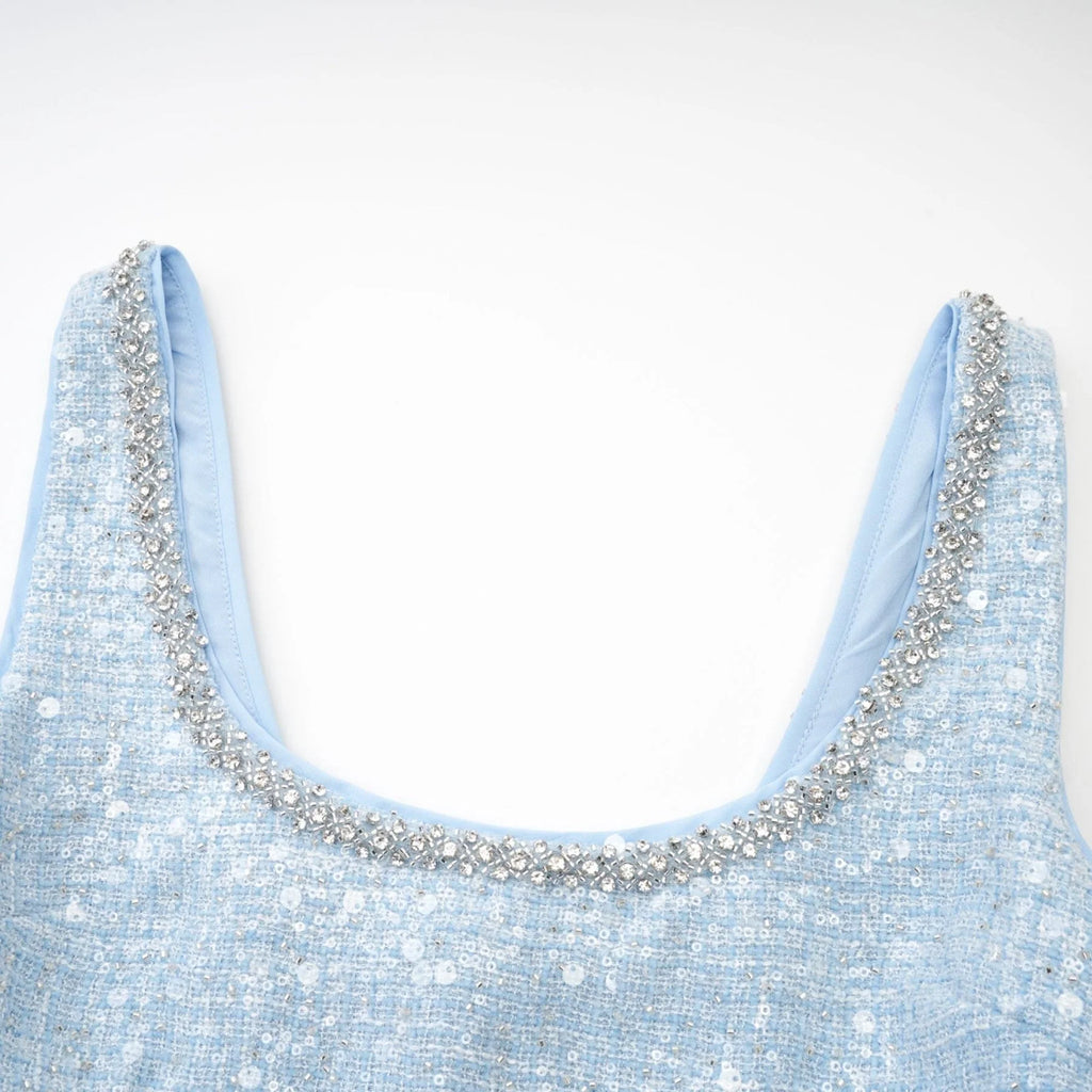 Brynn Mini Dress - Sleeveless with Sequin Detailing - Cut - Out Design - Crystal Embellishments - Bow Accent