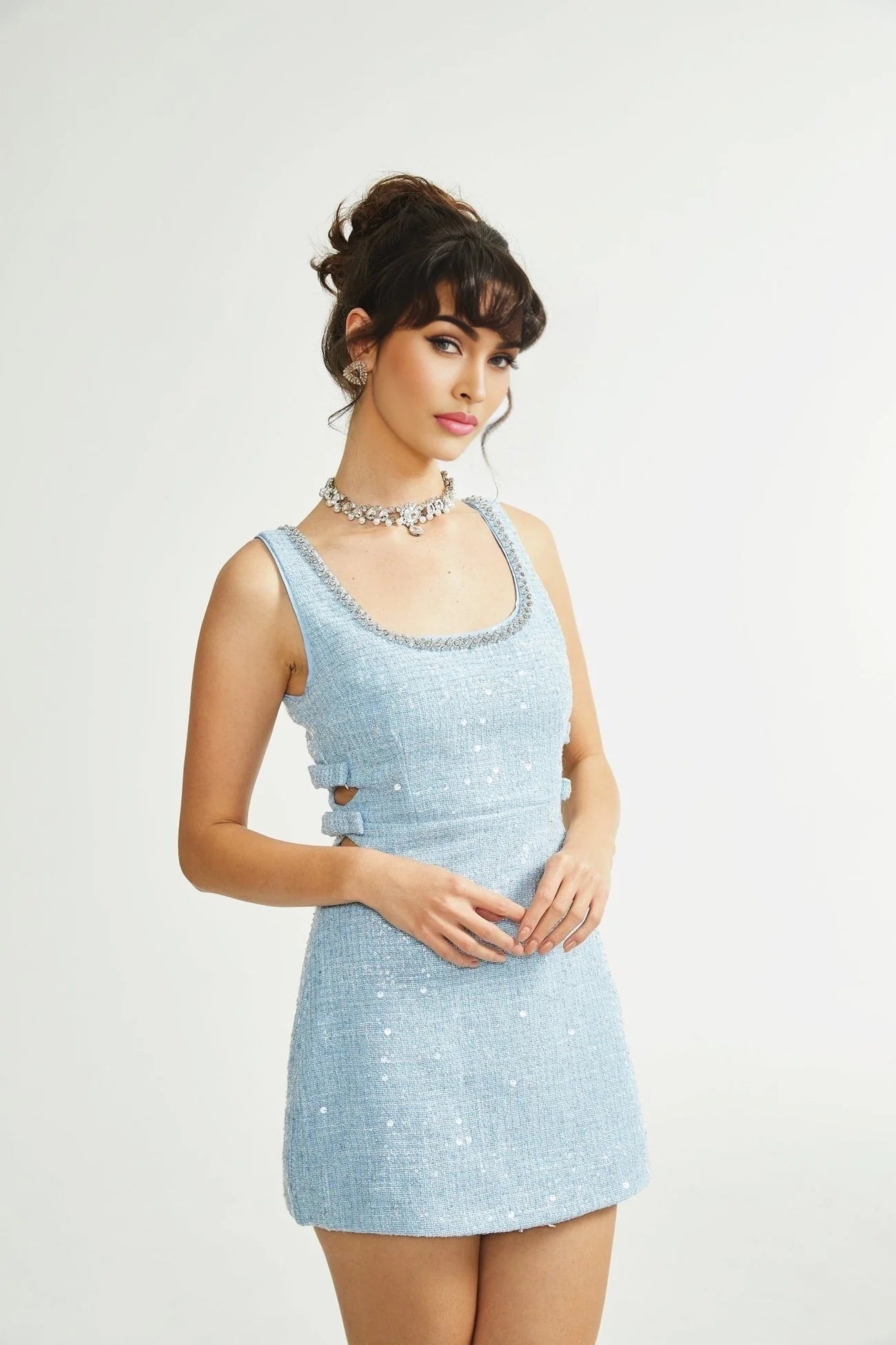 Brynn Mini Dress - Sleeveless with Sequin Detailing - Cut - Out Design - Crystal Embellishments - Bow Accent