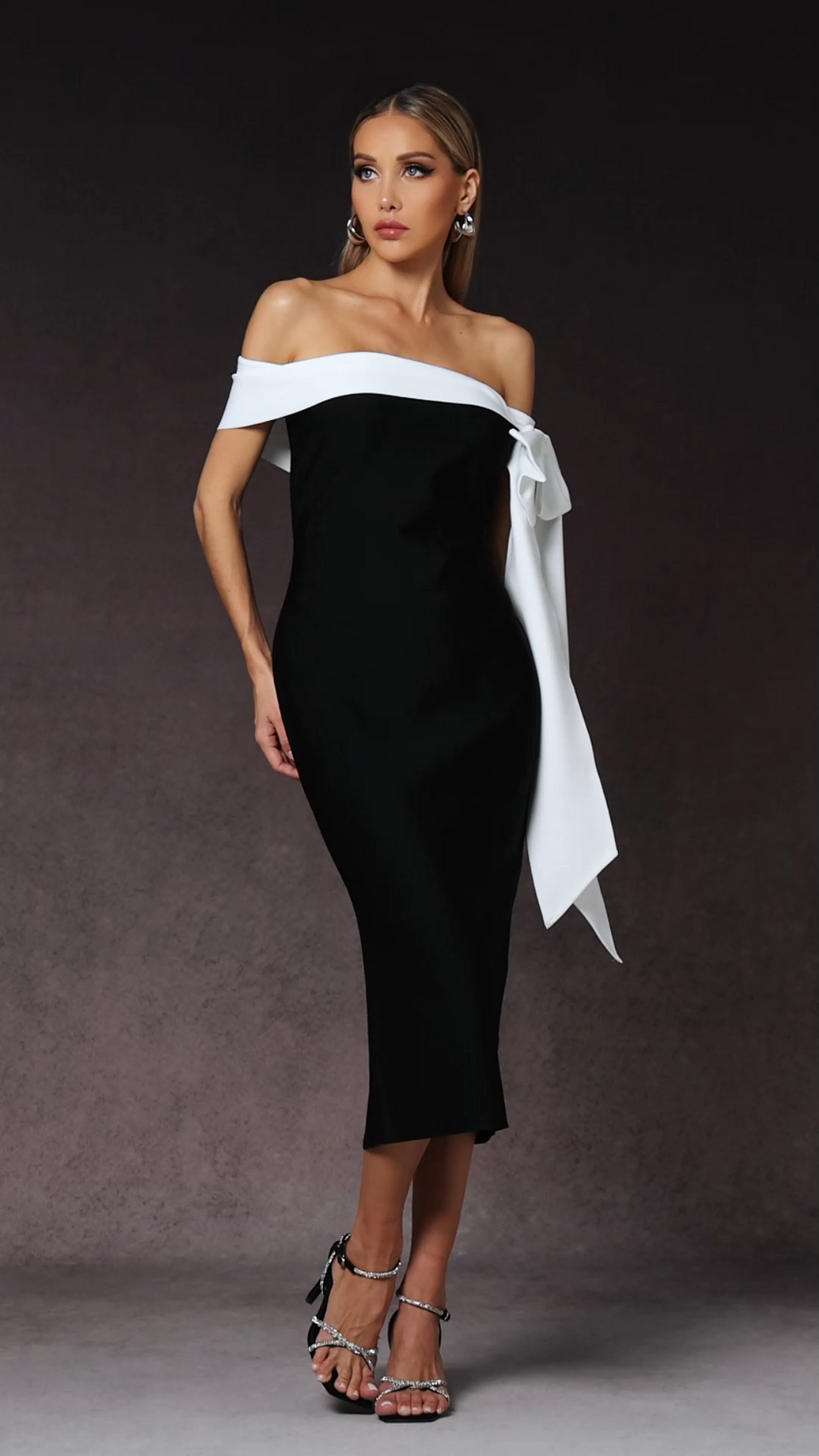 Sara Midi Dress - Sleeveless - Off The Shoulder - Bow Bandage - Sleek Silhouette - Luxurious Fit Feel