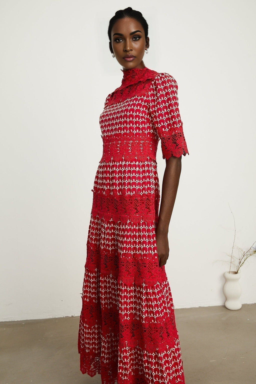 Caitlin Maxi Dress - Medium Size - Mock Neck Design - Short Sleeves - Scallop Pattern with Lace Panel Detail